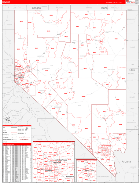 Nevada Zip Code Wall Map Red Line Style By MarketMAPS MapSales