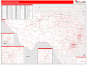 South Western State Sectional Wall Map Red Line Style