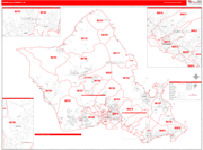 Honolulu County Wall Map Red Line Style