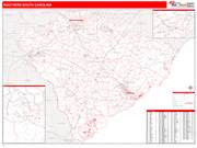 South Carolina Southern State Sectional Wall Map Red Line Style