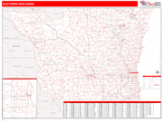 Wisconsin Southern State Sectional Wall Map Red Line Style