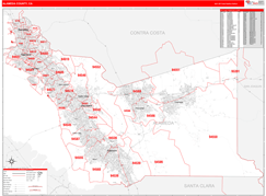 Alameda County, CA Digital Map Red Line Style