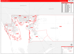 Charlotte County, FL Digital Map Red Line Style