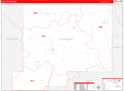 Chickasaw County, MS Digital Map Red Line Style