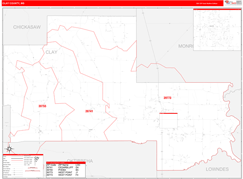 Clay County, MS Digital Map Red Line Style