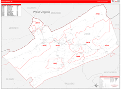 Giles County, VA Digital Map Red Line Style