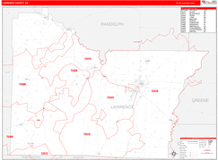 Lawrence County, AR Digital Map Red Line Style