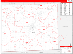 Lenawee County, MI Digital Map Red Line Style