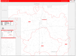 Lincoln County, MS Digital Map Red Line Style