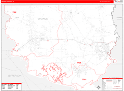 Orange County, TX Digital Map Red Line Style