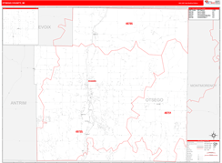 Otsego County, MI Digital Map Red Line Style