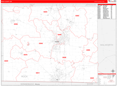Rock County, WI Digital Map Red Line Style
