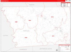 Simpson County, MS Digital Map Red Line Style