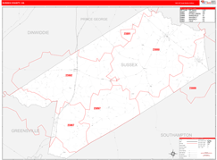Sussex County, VA Digital Map Red Line Style