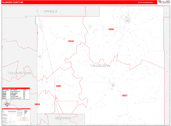 Yalobusha County, MS Digital Map Red Line Style