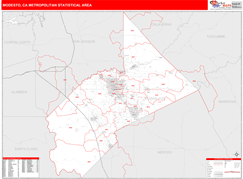 Modesto Metro Area Digital Map Red Line Style