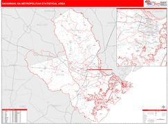 Savannah Metro Area Digital Map Red Line Style