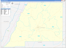 Attala County, MS Wall Map Zip Code Basic Style 2024