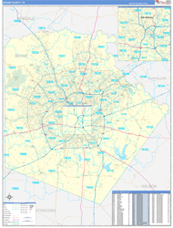 Bexar County, TX Wall Map Zip Code Basic Style 2024