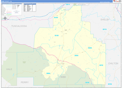 Bibb County, AL Wall Map Zip Code Basic Style 2024