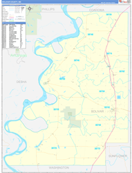 Bolivar County, MS Wall Map Zip Code Basic Style 2024