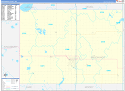 Brookings County, SD Wall Map Zip Code Basic Style 2024