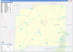 Carroll County, TN Wall Map Zip Code Basic Style 2024