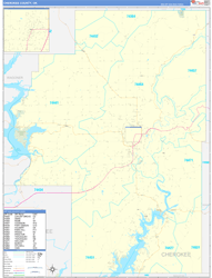Cherokee County, OK Wall Map Zip Code Basic Style 2024