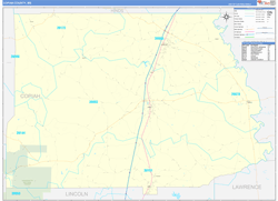 Copiah County, MS Wall Map Zip Code Basic Style 2024