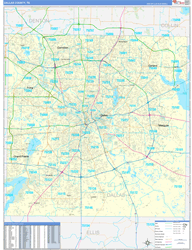 Dallas County, TX Wall Map Zip Code Basic Style 2024