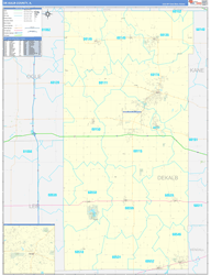 DeKalb County, IL Wall Map Zip Code Basic Style 2024