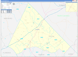 Dillon County, SC Wall Map Zip Code Basic Style 2024