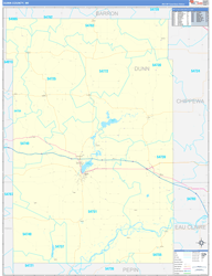 Dunn County, WI Wall Map Zip Code Basic Style 2024