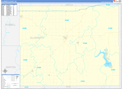 Ellsworth County, KS Wall Map Zip Code Basic Style 2024