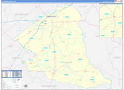 Florence County, SC Wall Map Zip Code Basic Style 2024