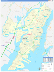 Hudson County, NJ Wall Map Zip Code Basic Style 2024
