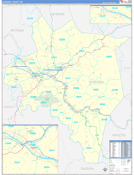 Kanawha County, WV Wall Map Zip Code Basic Style 2024