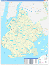 Kings County, NY Wall Map Zip Code Basic Style 2024