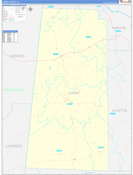 Lamar County, AL Wall Map Zip Code Basic Style 2024