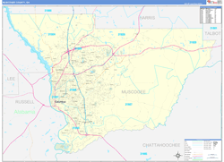 Muscogee County, GA Wall Map Zip Code Basic Style 2024
