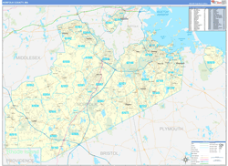Norfolk County, MA Wall Map Zip Code Basic Style 2024