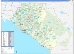 Orange County, CA Wall Map Zip Code Basic Style 2024