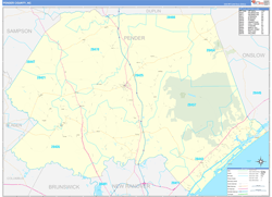 Pender County, NC Wall Map Zip Code Basic Style 2024