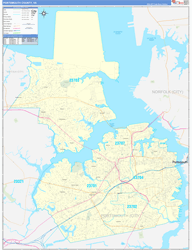 Portsmouth County, VA Wall Map Zip Code Basic Style 2024
