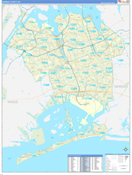 Queens County, NY Wall Map Zip Code Basic Style 2024