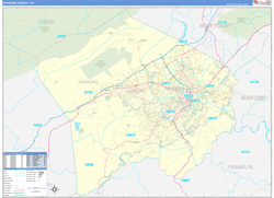 Roanoke County, VA Wall Map Zip Code Basic Style 2024