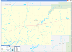 Rusk County, WI Wall Map Zip Code Basic Style 2024
