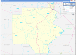 Russell County, AL Wall Map Zip Code Basic Style 2024
