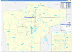 Sangamon County, IL Wall Map Zip Code Basic Style 2024