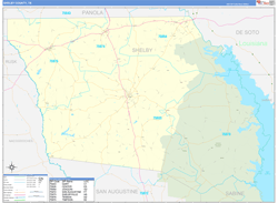 Shelby County, TX Wall Map Zip Code Basic Style 2024